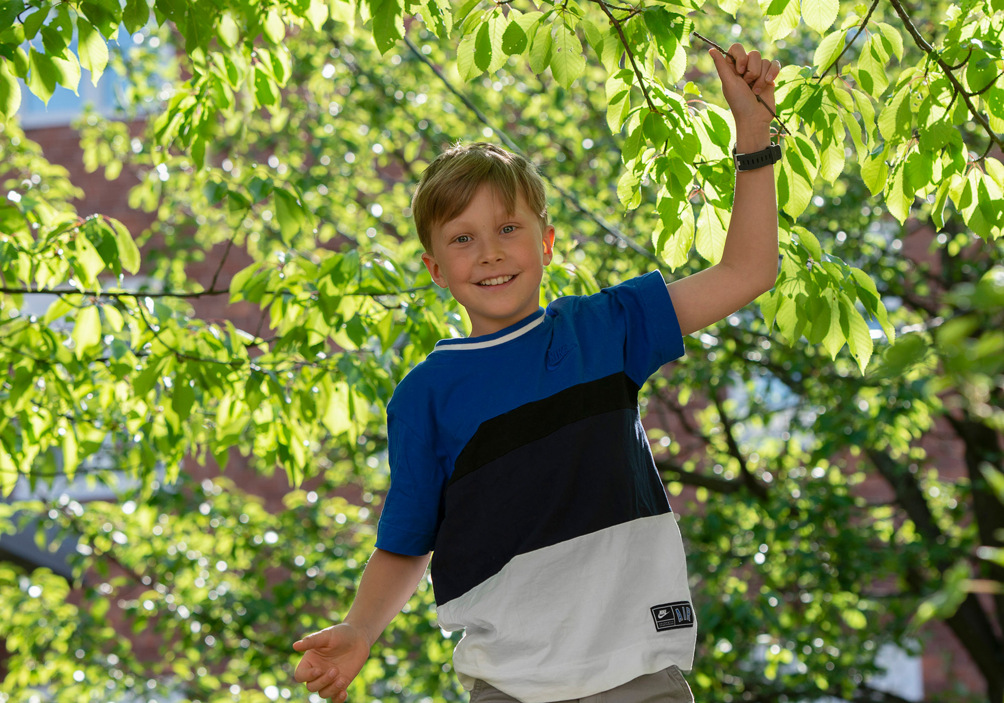 Frank jumping, with green branches in the background.