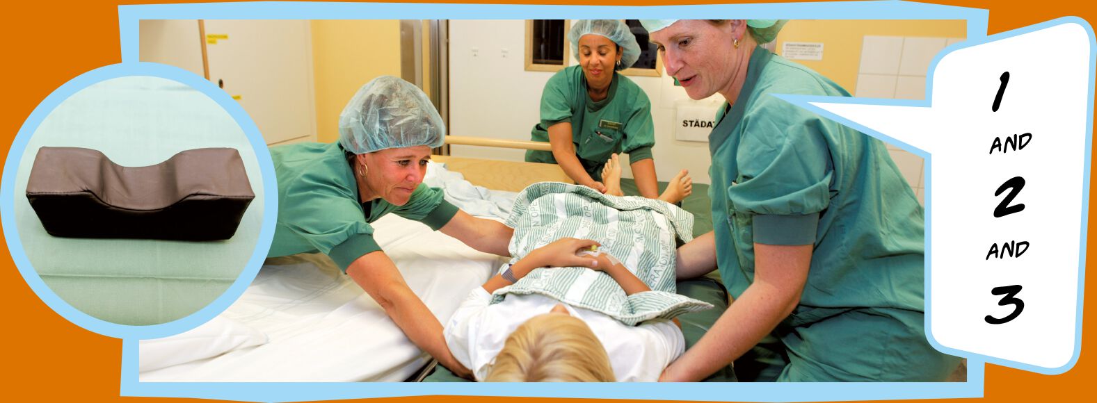 Nurses in green hospital scrubs help Lucas move from his bed to the operating bed.